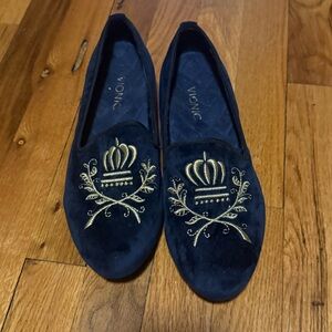 Navy Blue Velvet Vionic Shoes gold emblem size 9